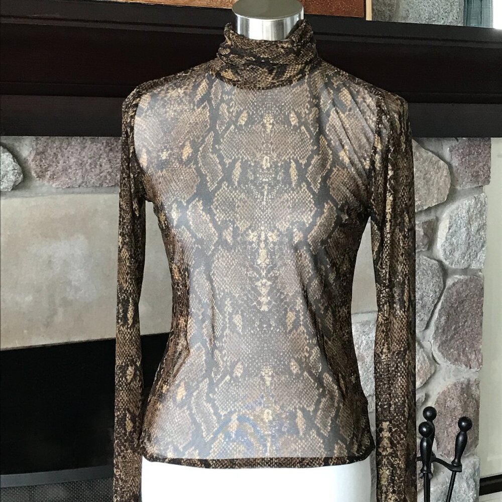 'Windsor' Brown/Black Snake Skin Sheer Long Sleeved Turtle Neck - Size Small